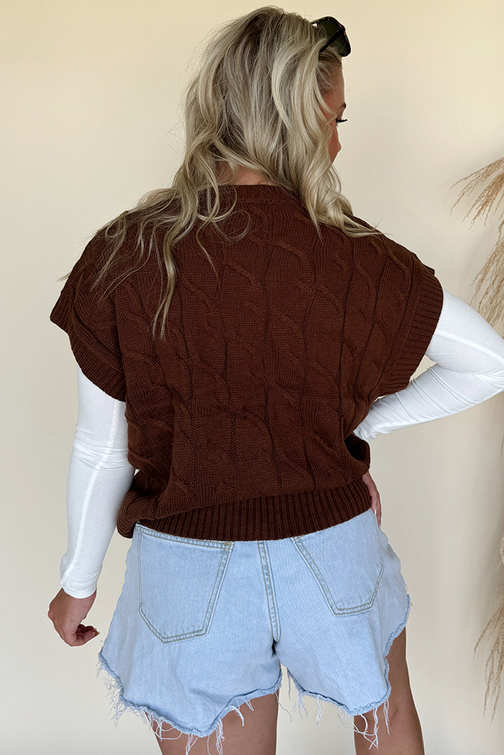Dark Brown Cable Texture Crew Neck Short Sleeve Sweater Top - Rich Elegance