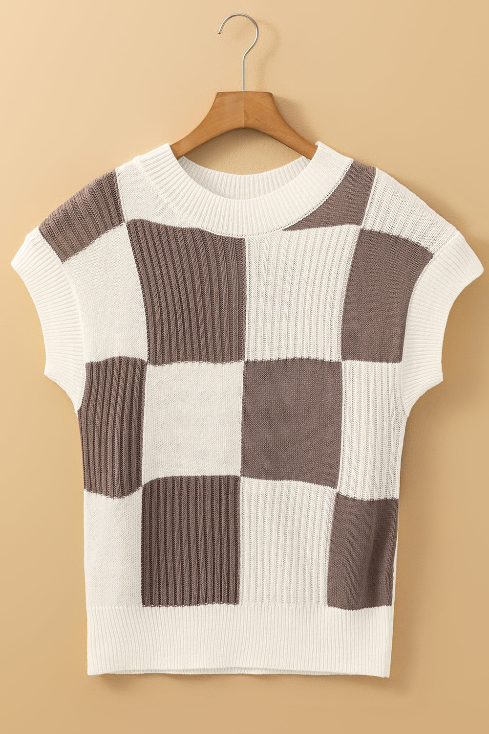 Khaki Checkered Color Block Crew Neck Short Sleeve Sweater - Earthy Style