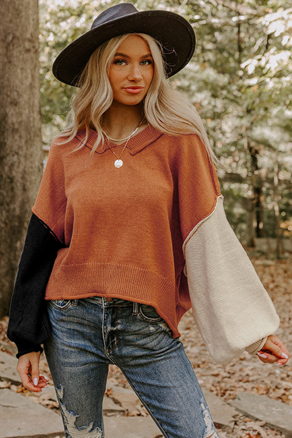 Desert Gold Colorblock Raw Edge Bubble Sleeve V Neck Sweater - Statement Style