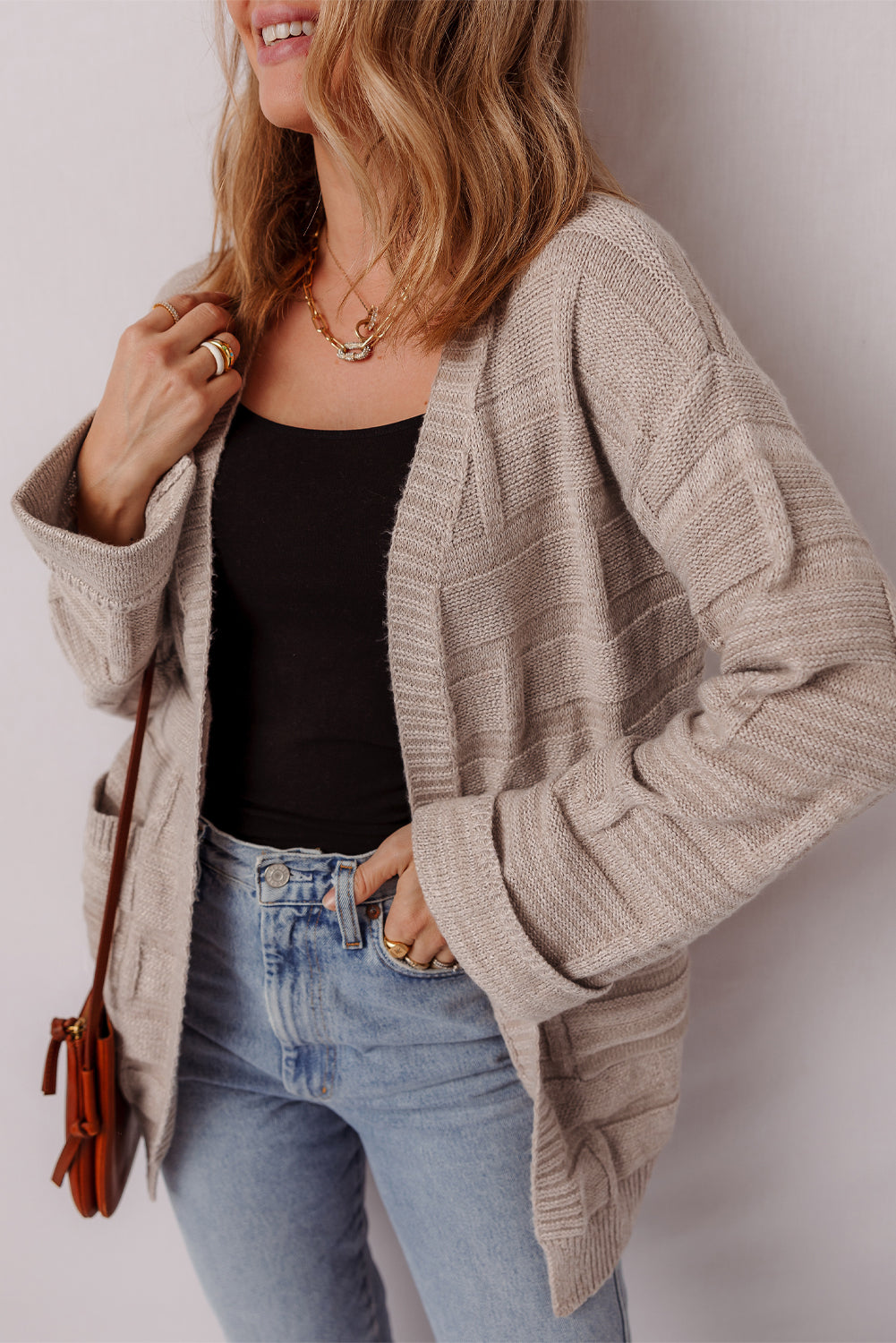Delicacy Textured Knit Open Front Chic Cardigan with Pockets - Elegant Style