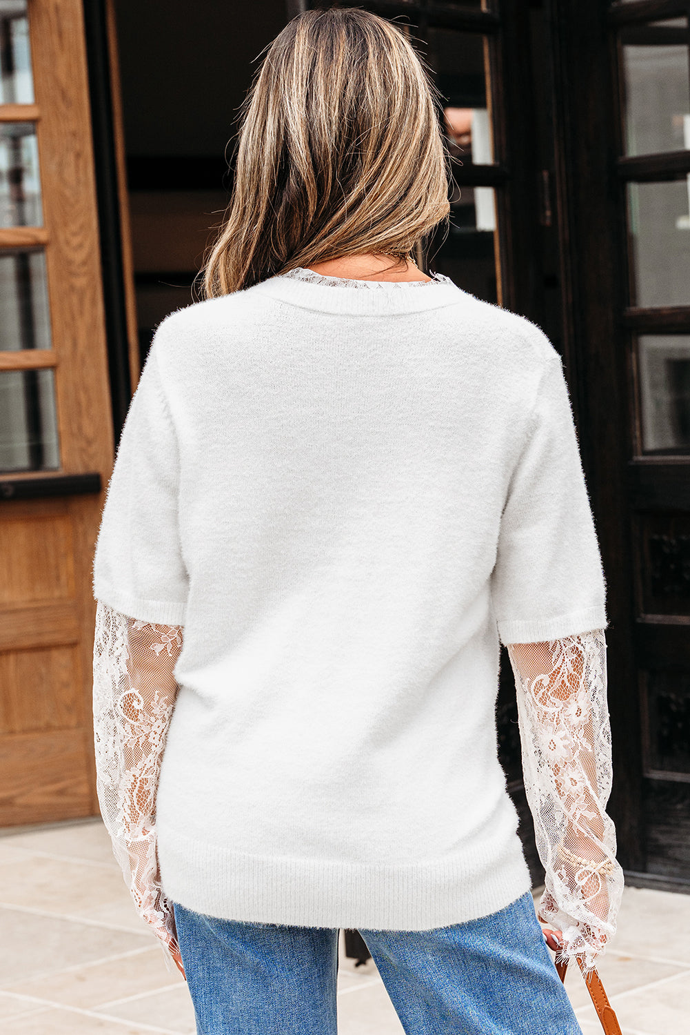 Beige Lace Sleeve Patchwork Faux Two-piece Fuzzy Sweater - Romantic Detail