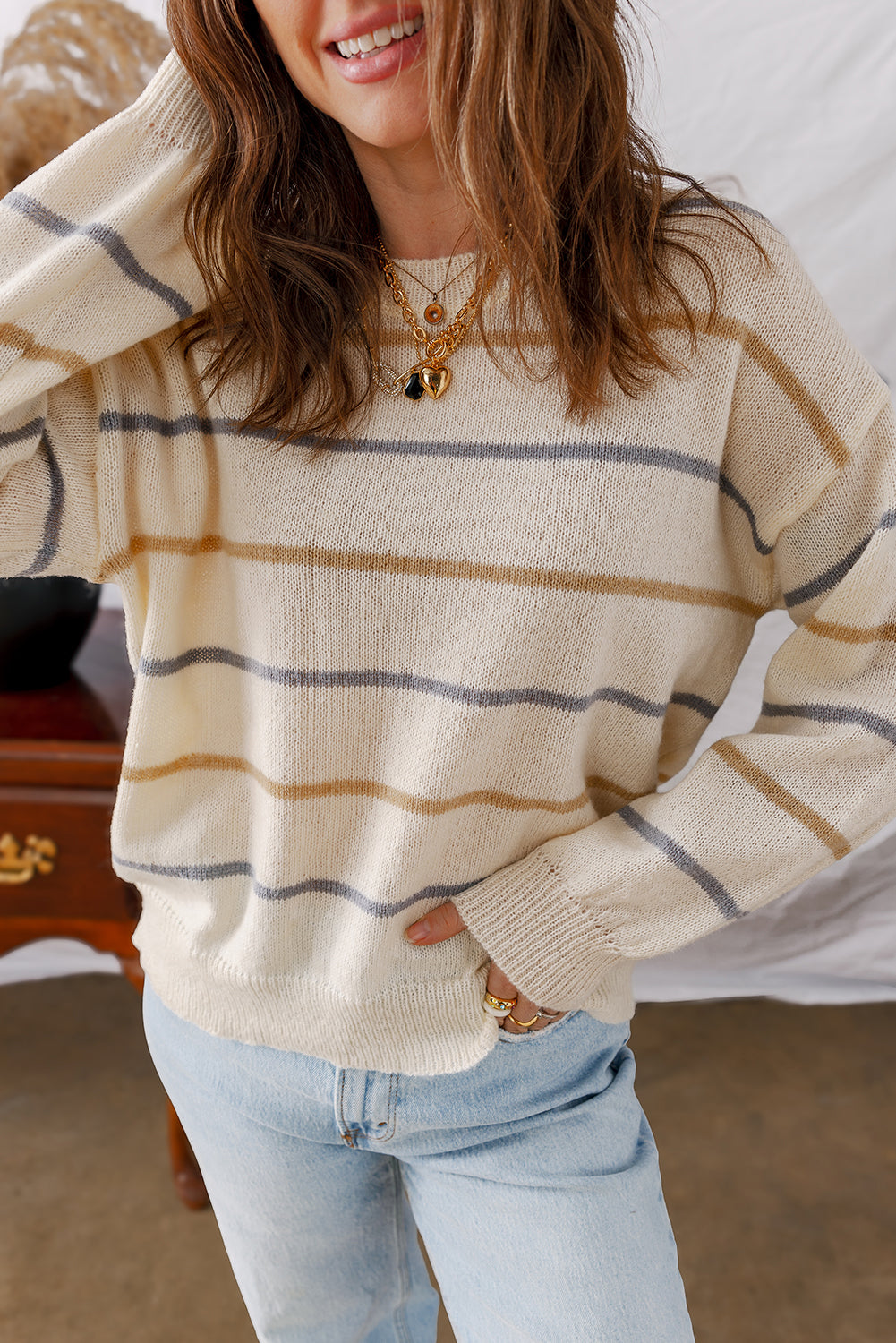 Multicolour Striped Ribbed Edge Drop Shoulder Sweater - Rainbow Style