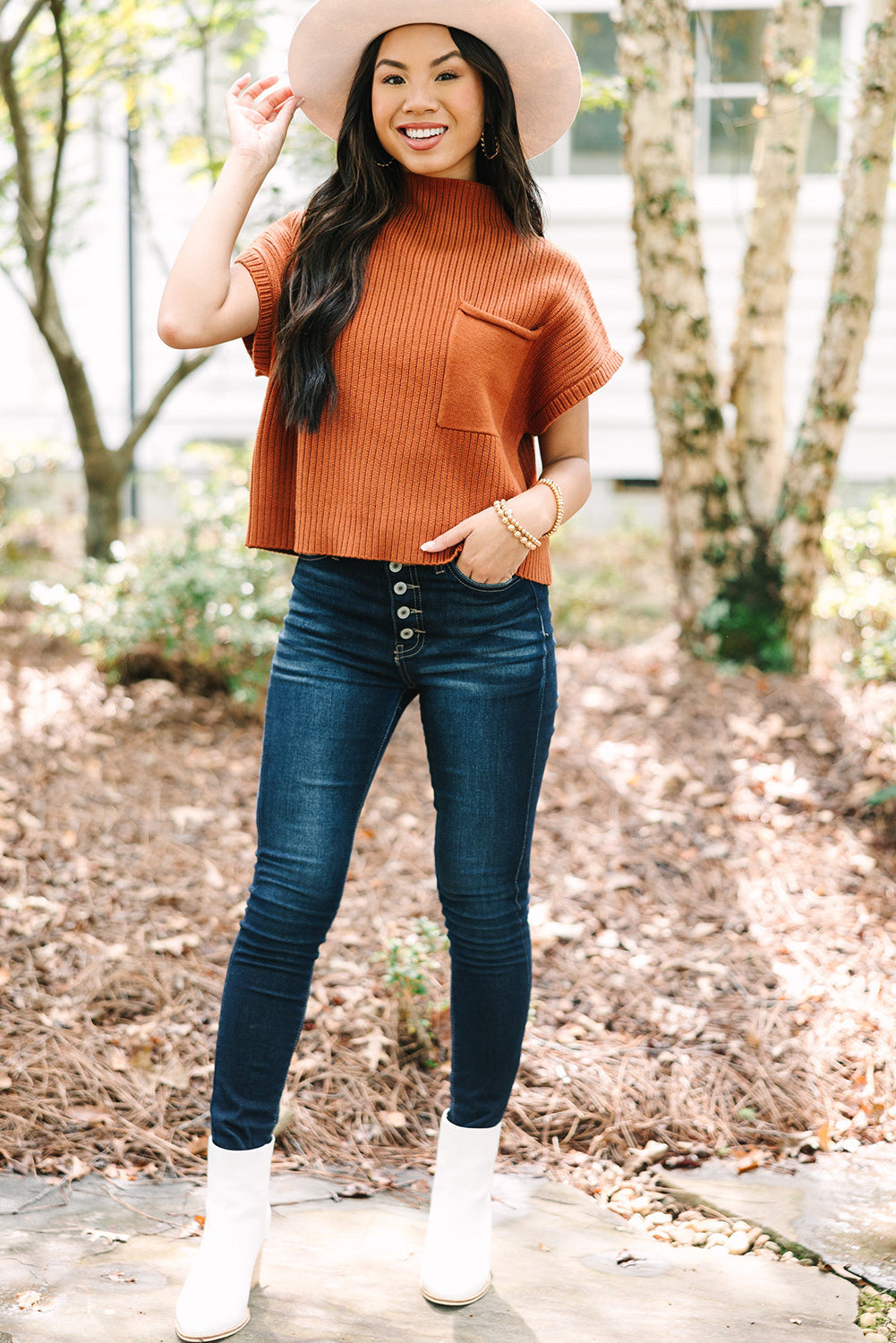 Gold Flame Pattern Patch Pocket Ribbed Knit Short Sleeve Sweater - Statement Style