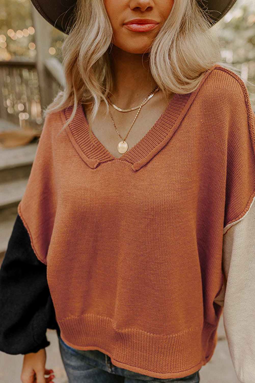 Desert Gold Colorblock Raw Edge Bubble Sleeve V Neck Sweater - Statement Style
