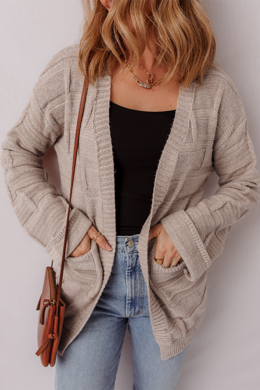 Delicacy Textured Knit Open Front Chic Cardigan with Pockets - Elegant Style
