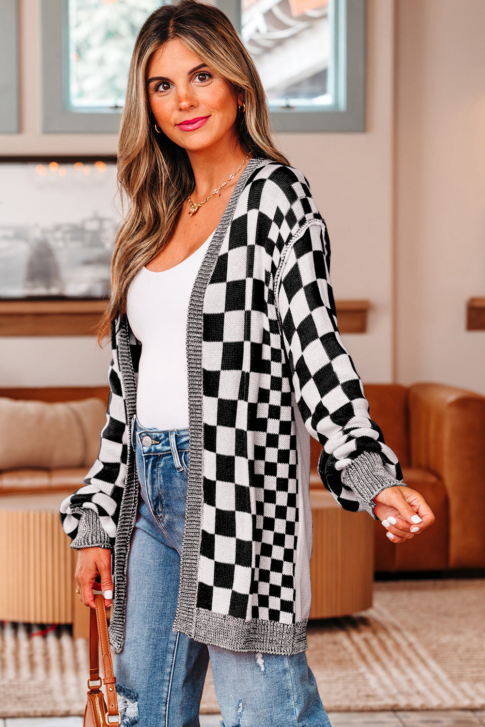 Black Checkered Open Front Drop Shoulder Cardigan - Timeless Classic Layer