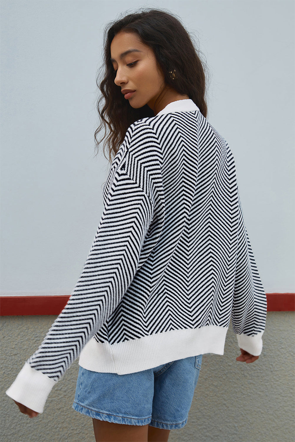 Black Stripe Buttoned Front V Neck Herringbone Cardigan - Classic Elegance
