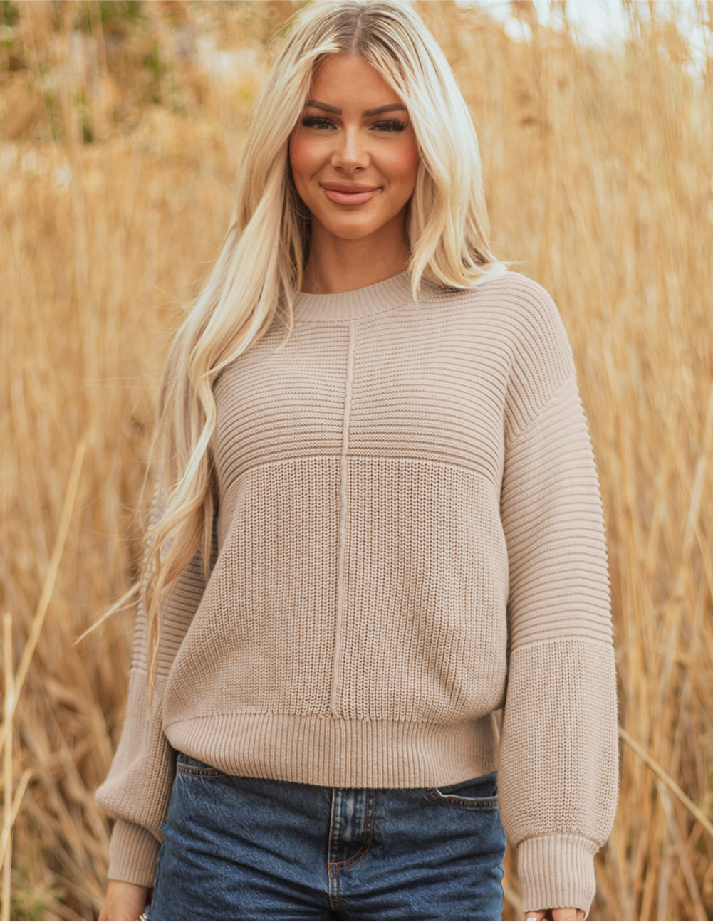 Parchment Mixed Texture Patchwork Knitted Puff Sleeve Sweater