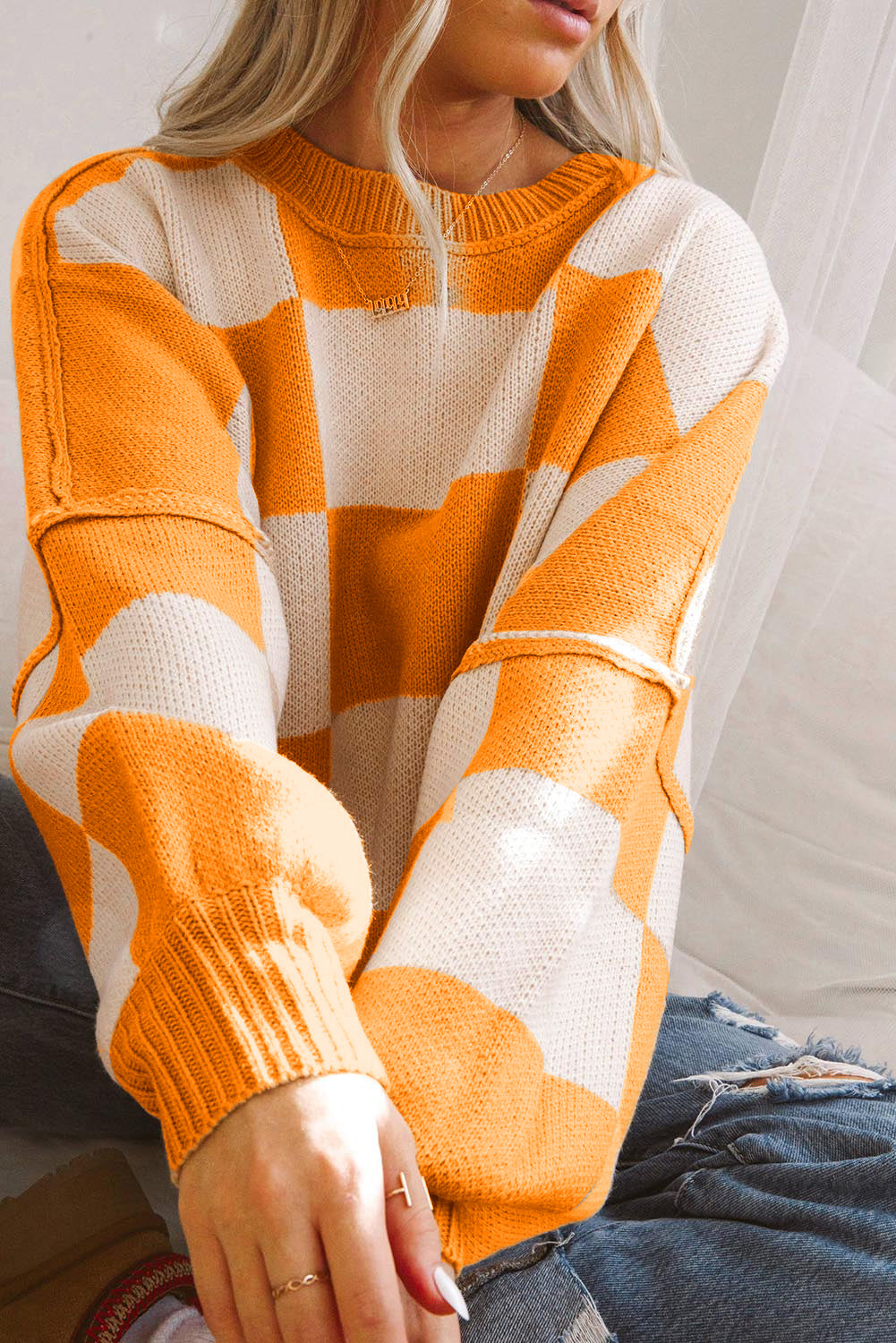 Orange Checkered Bishop Sleeve Sweater - Trendy Fall Knit