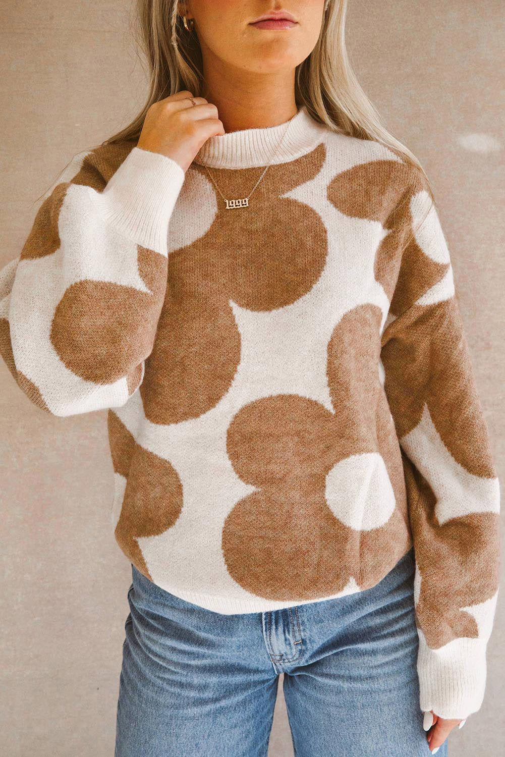 Khaki Big Flower Pattern Drop Shoulder Sweater - Romantic Floral Design