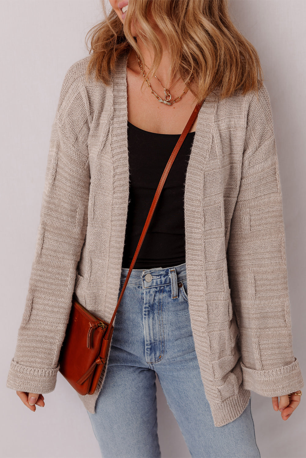 Delicacy Textured Knit Open Front Chic Cardigan with Pockets - Elegant Style