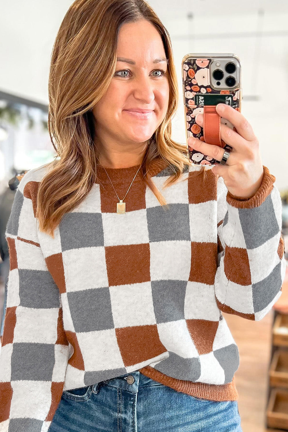 Brown Plus Size Checkered Crewneck Sweater - Comfortable Style
