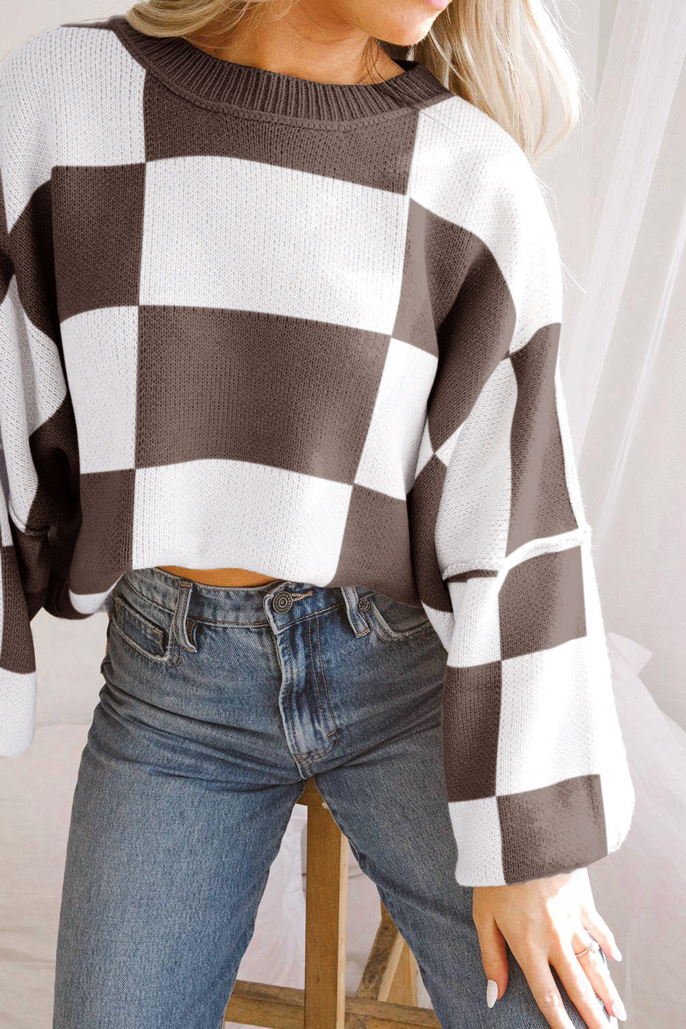 Dark Brown Checkered Bishop Sleeve Sweater - Rich Fall Statement