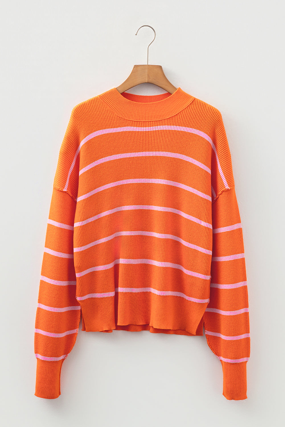 Orange Stripe Ribbed High Neck Drop Shoulder Boxy Fit Sweater - Modern Comfort
