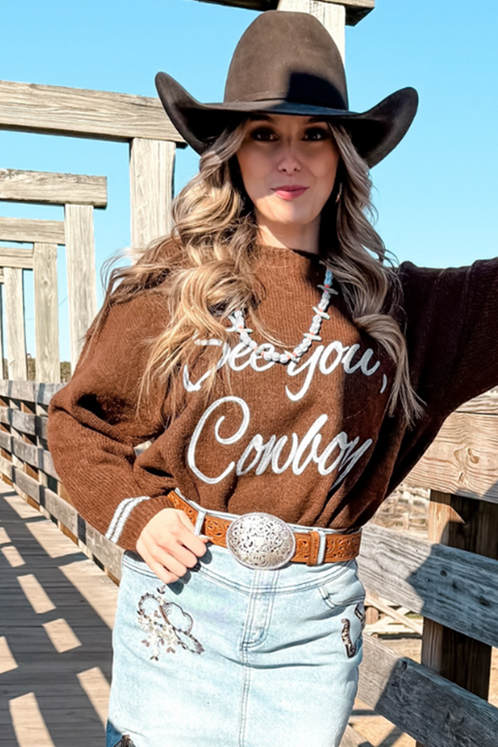 Coffee See You Cowboy Embroidered Western Graphic Sweater - Ranch Style