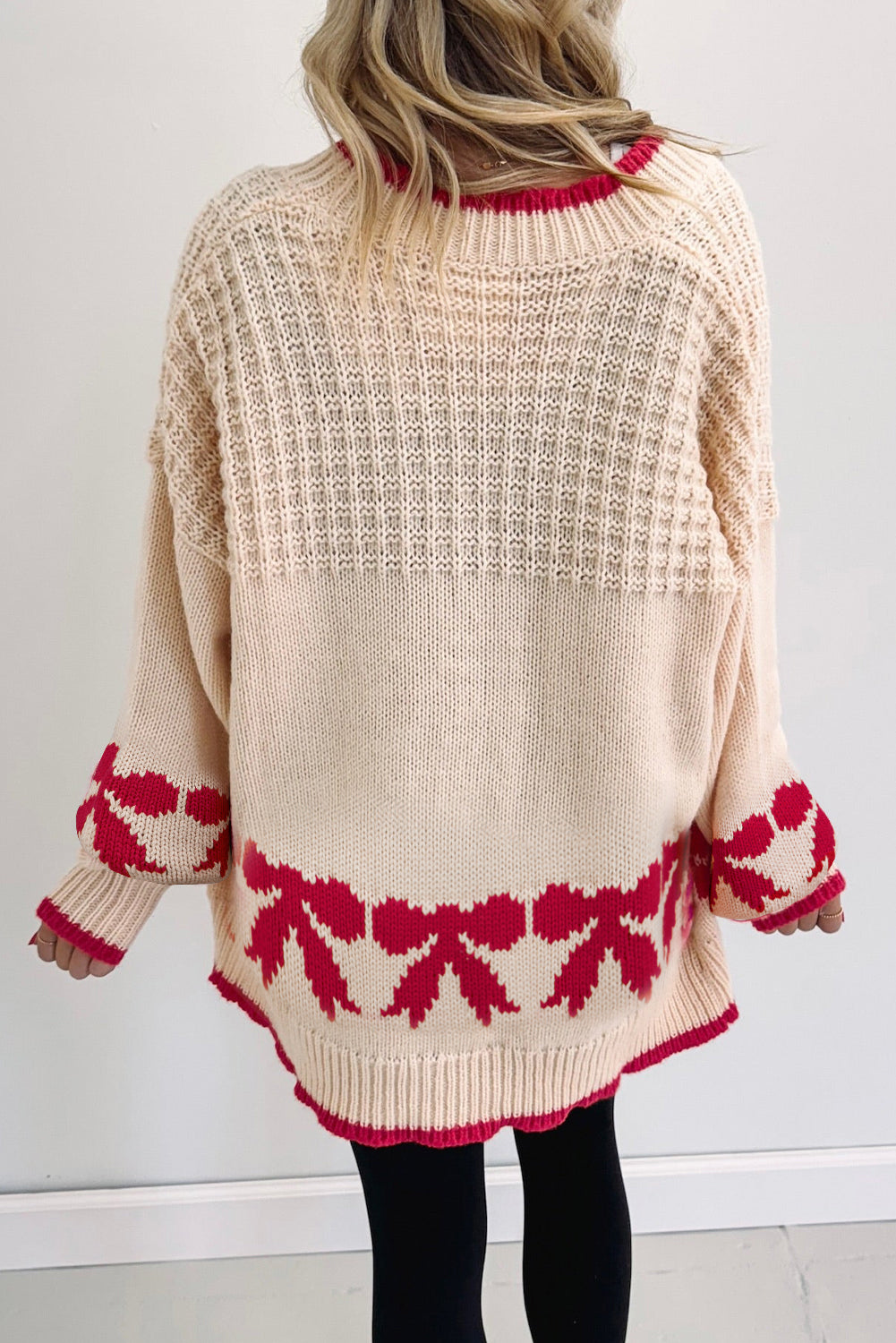 Apricot Bow Pattern Textured Open Front Baggy Cardigan - Sweet Comfort