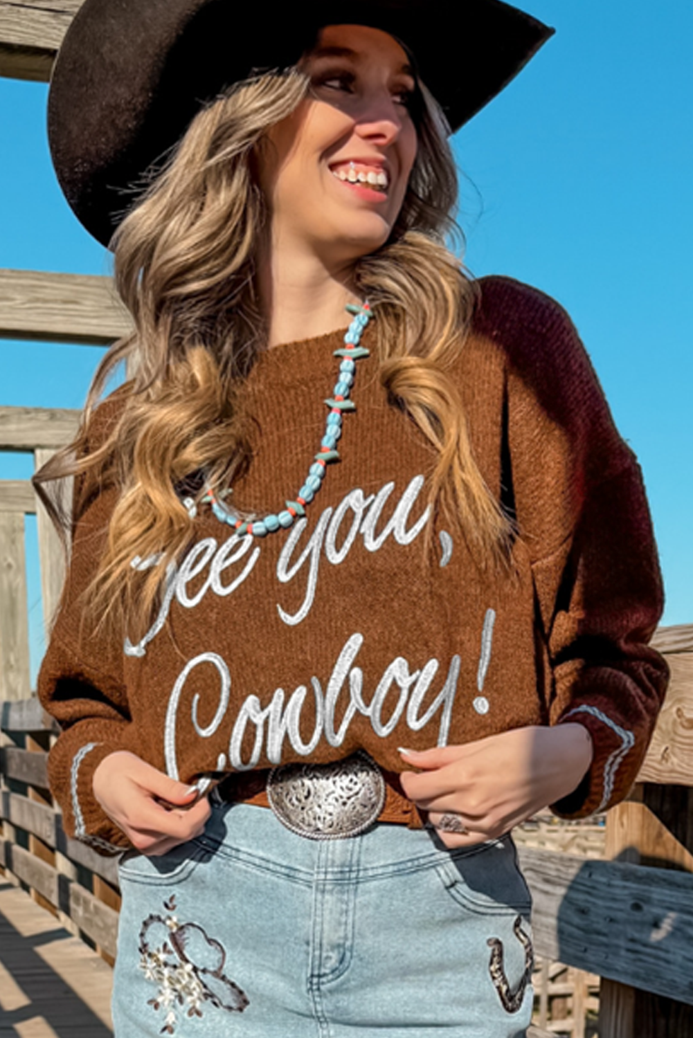 Coffee See You Cowboy Embroidered Western Graphic Sweater - Ranch Style