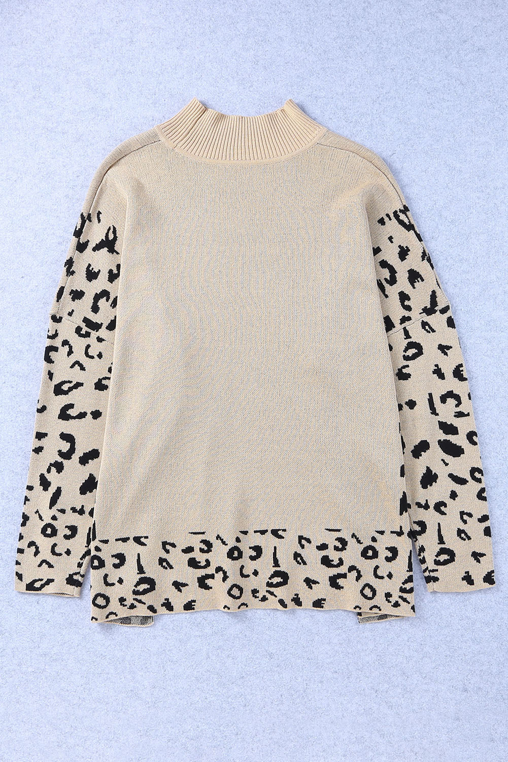 Khaki Leopard Print High Neck Oversized Sweater - Trendy Side Slits