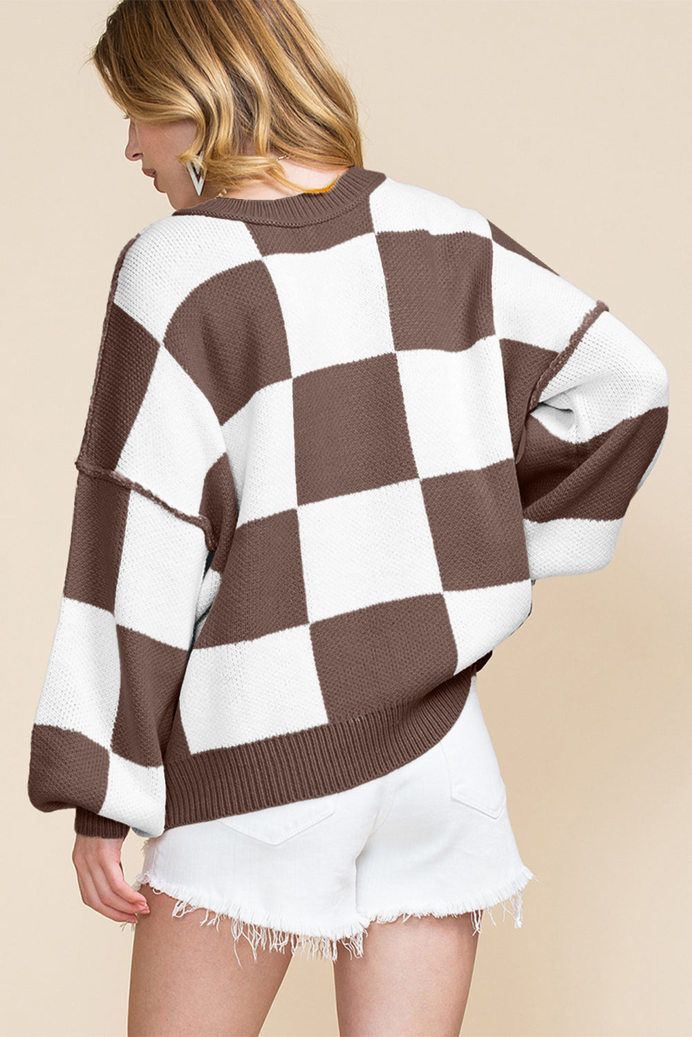 Dark Brown Checkered Bishop Sleeve Sweater - Rich Fall Statement