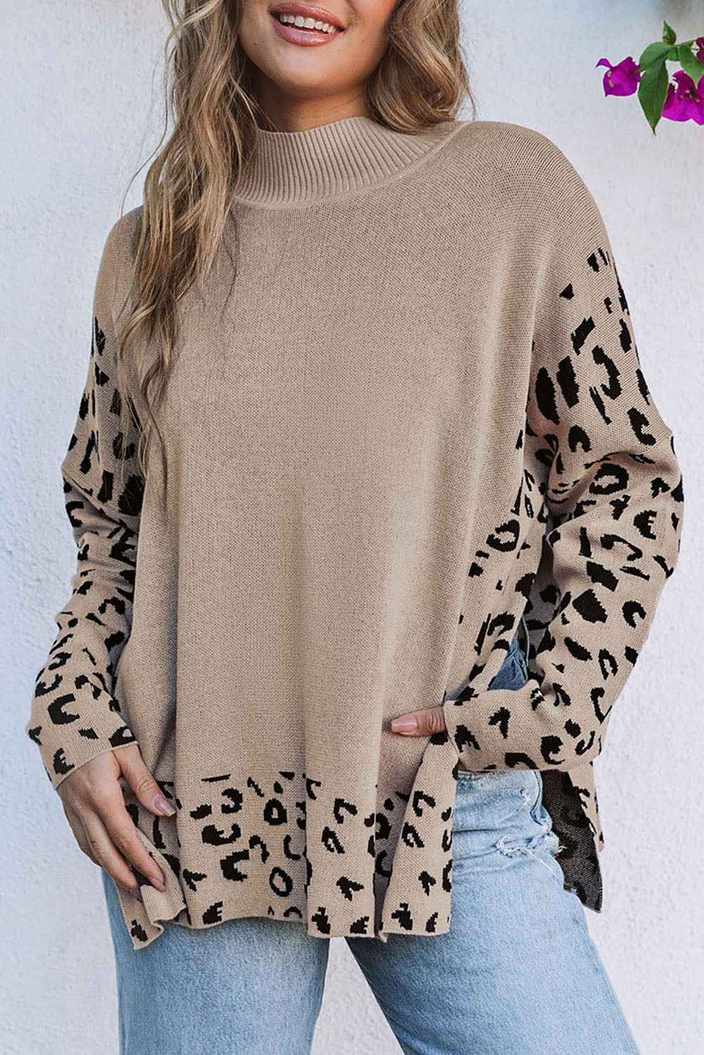 Khaki Leopard Print High Neck Oversized Sweater - Trendy Side Slits