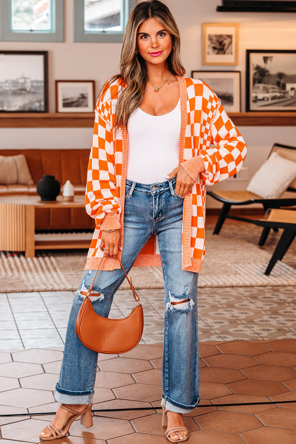 Orange Checkered Open Front Drop Shoulder Cardigan - Vibrant Fall Layer