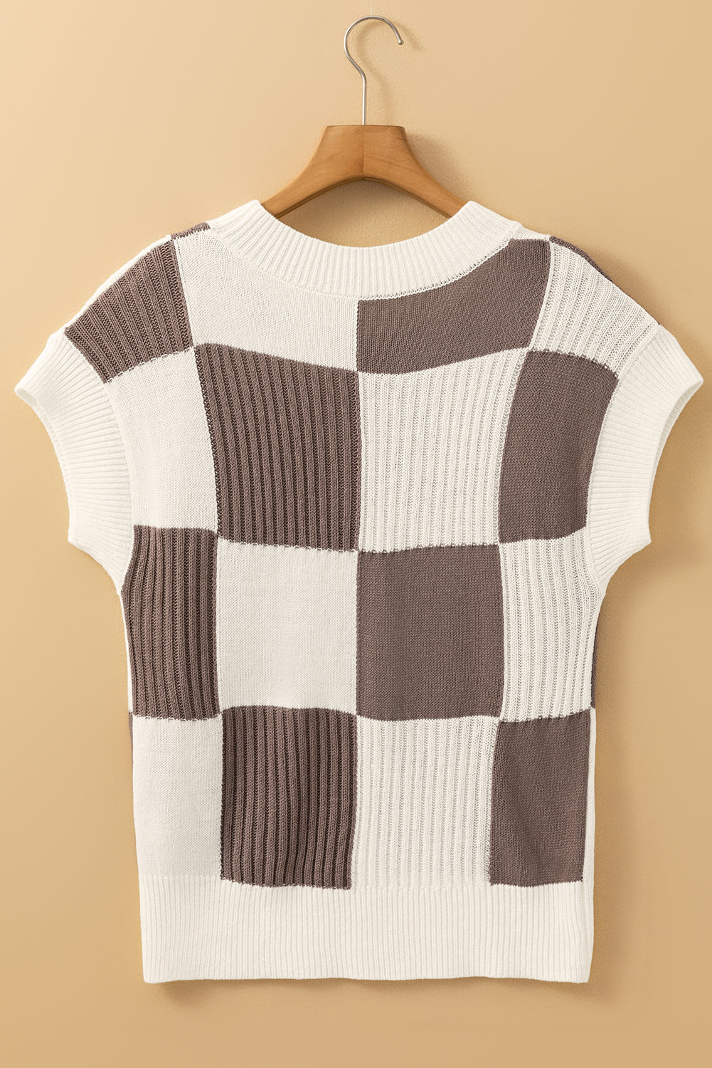 Khaki Checkered Color Block Crew Neck Short Sleeve Sweater - Earthy Style