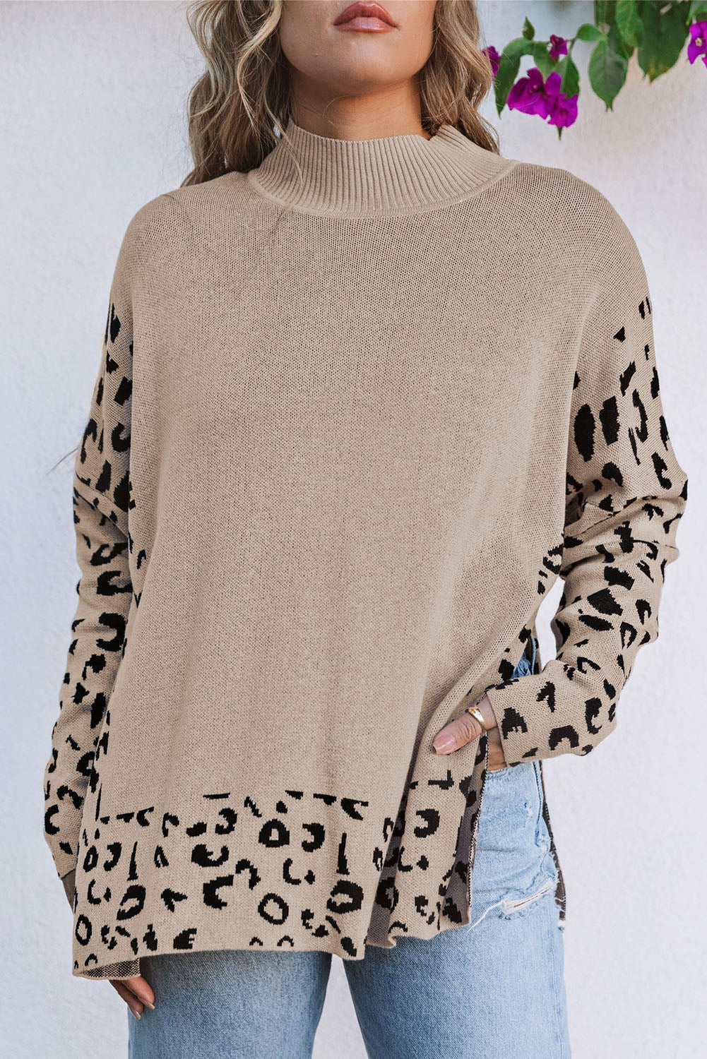 Khaki Leopard Print High Neck Oversized Sweater - Trendy Side Slits