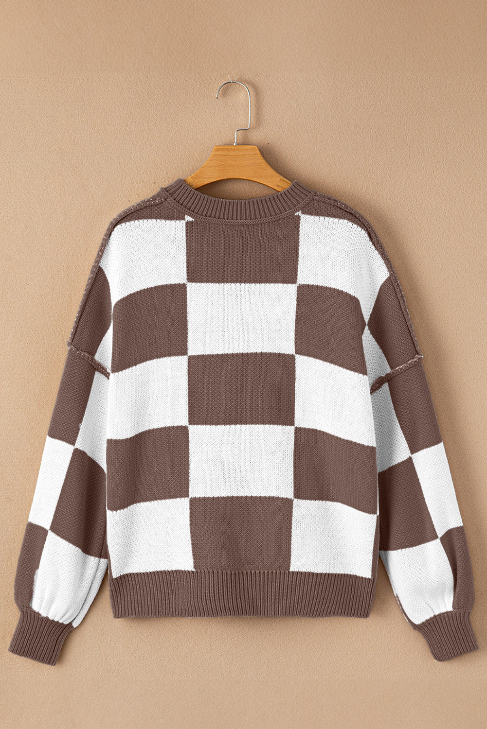 Dark Brown Checkered Bishop Sleeve Sweater - Rich Fall Statement