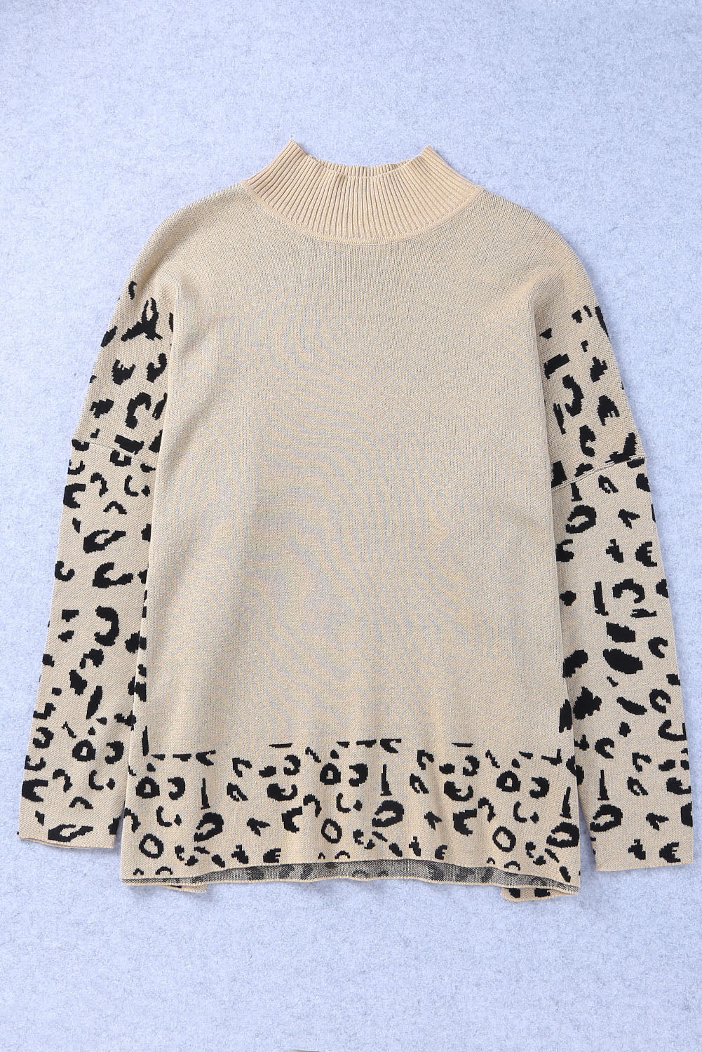 Khaki Leopard Print High Neck Oversized Sweater - Trendy Side Slits