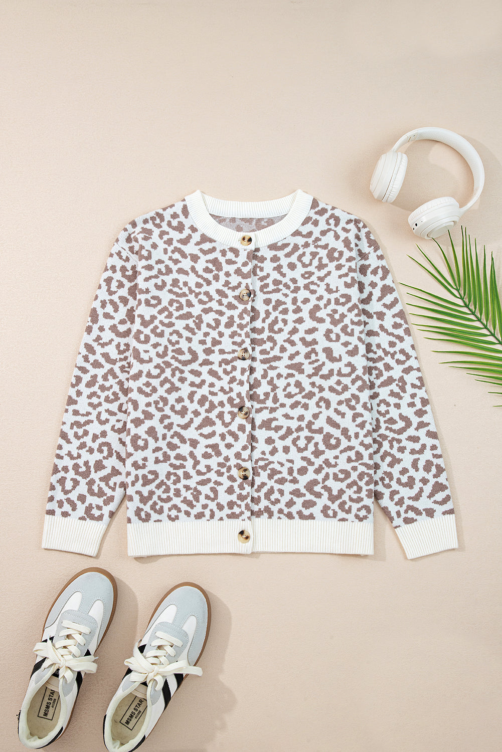 Khaki Leopard Drop Shoulder Chunky Knitted Cardigan Sweater - Wild Style