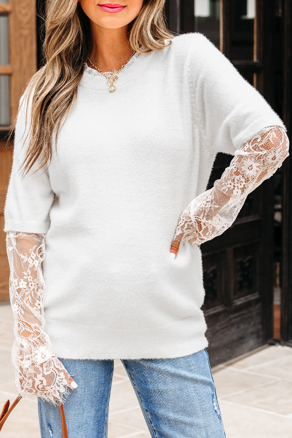 Beige Lace Sleeve Patchwork Faux Two-piece Fuzzy Sweater - Romantic Detail