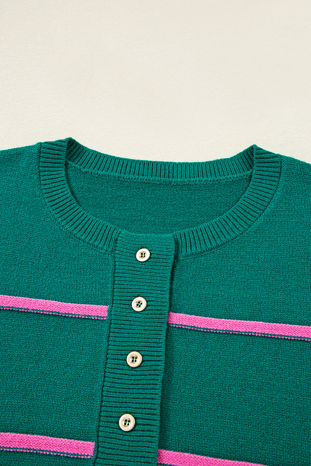 Green Stripe Half Buttons Drop Shoulder Oversized Sweater - Casual Comfort