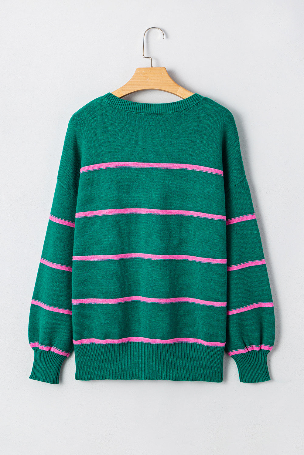 Green Stripe Half Buttons Drop Shoulder Oversized Sweater - Casual Comfort