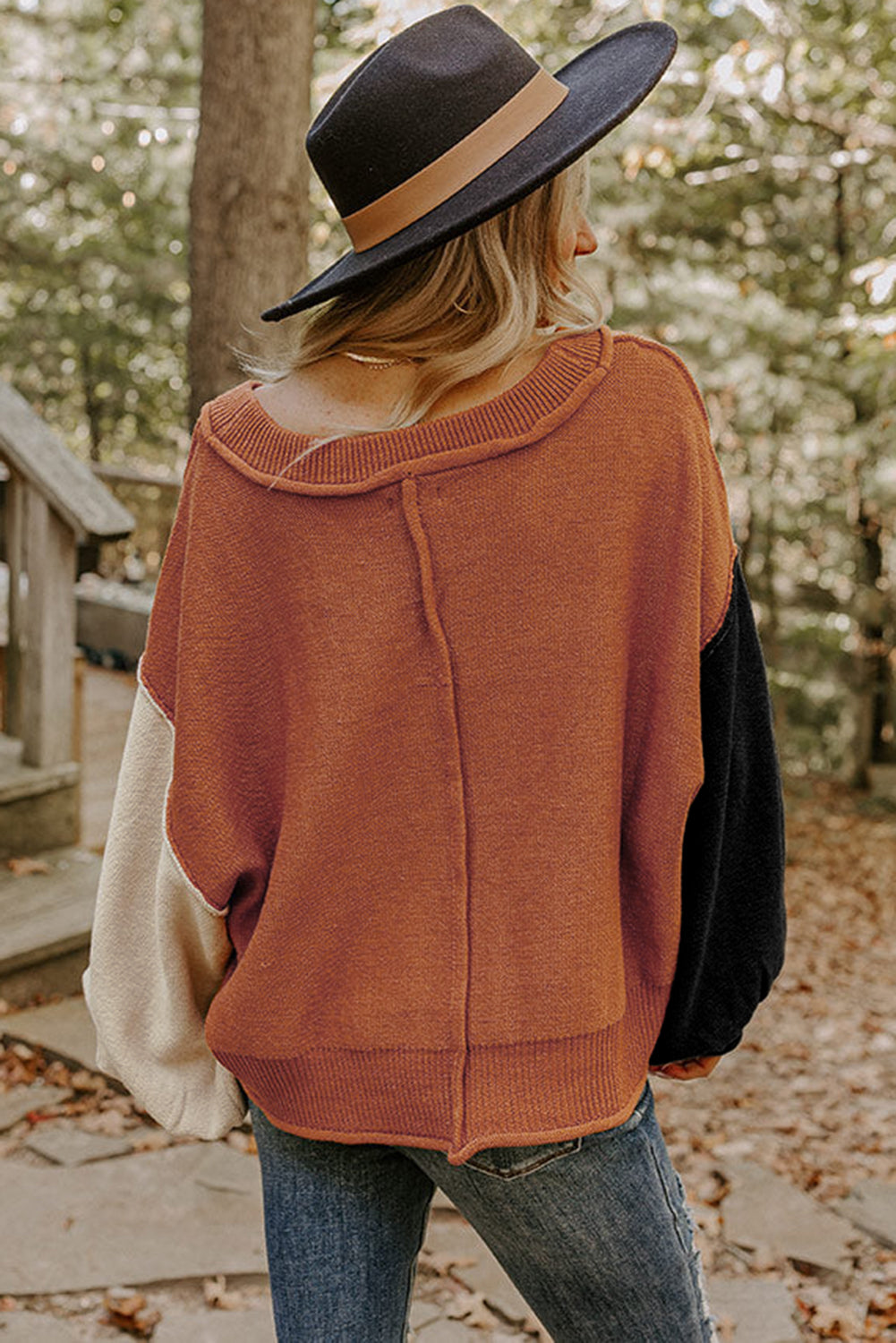 Desert Gold Colorblock Raw Edge Bubble Sleeve V Neck Sweater - Statement Style