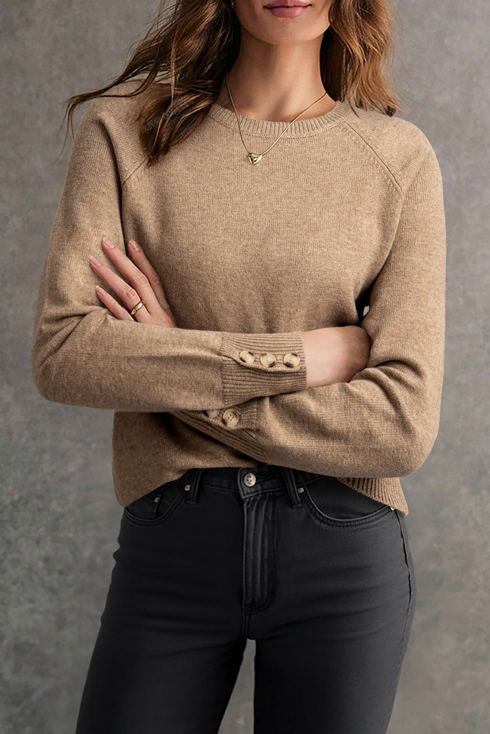 Camel Buttoned Bishop Sleeve Crew Neck Sweater - Elegant Fall Fashion