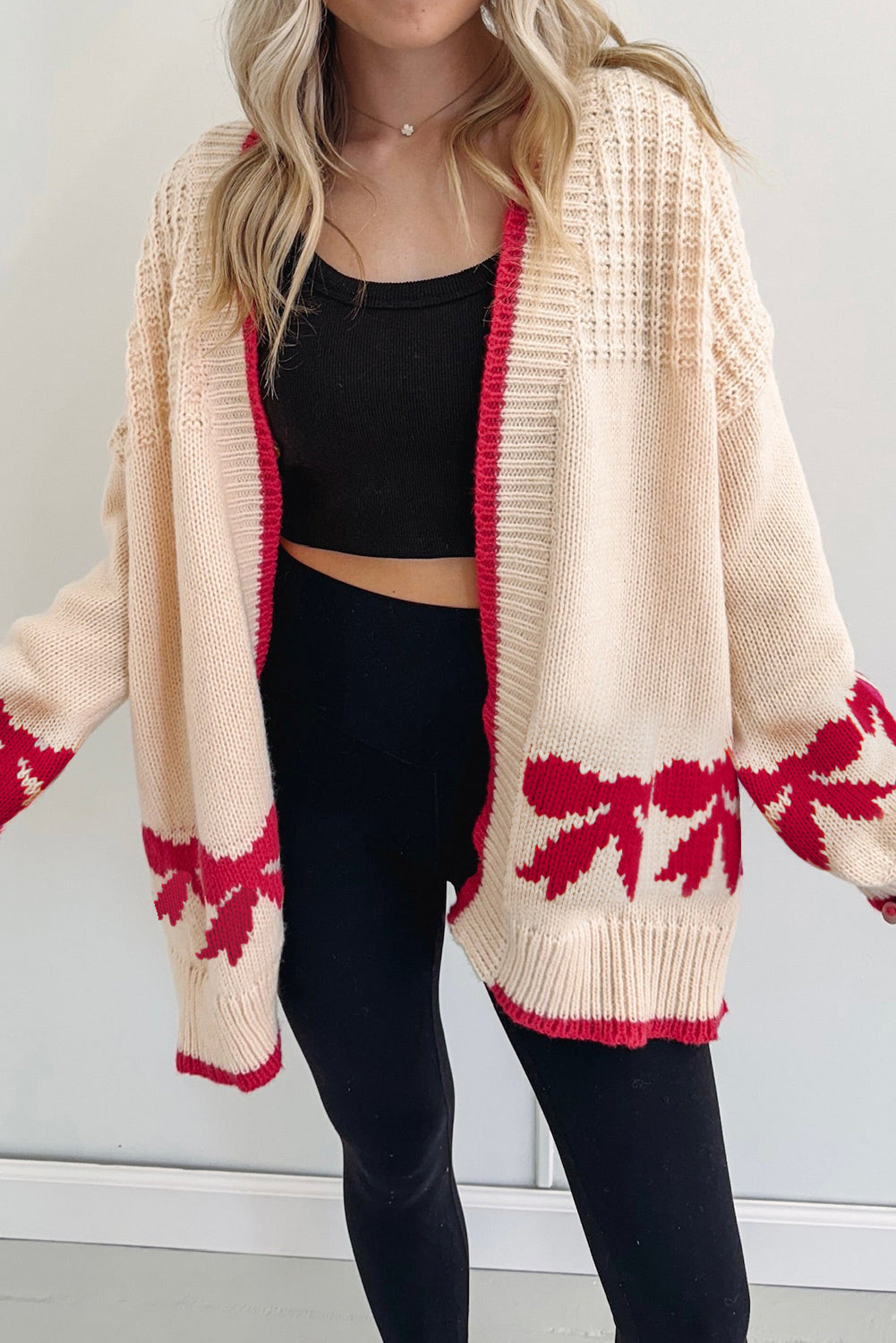 Apricot Bow Pattern Textured Open Front Baggy Cardigan - Sweet Comfort