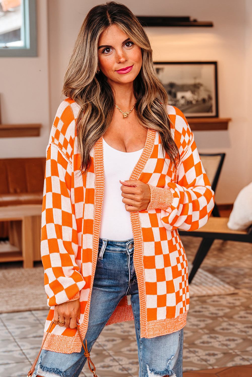 Orange Checkered Open Front Drop Shoulder Cardigan - Vibrant Fall Layer