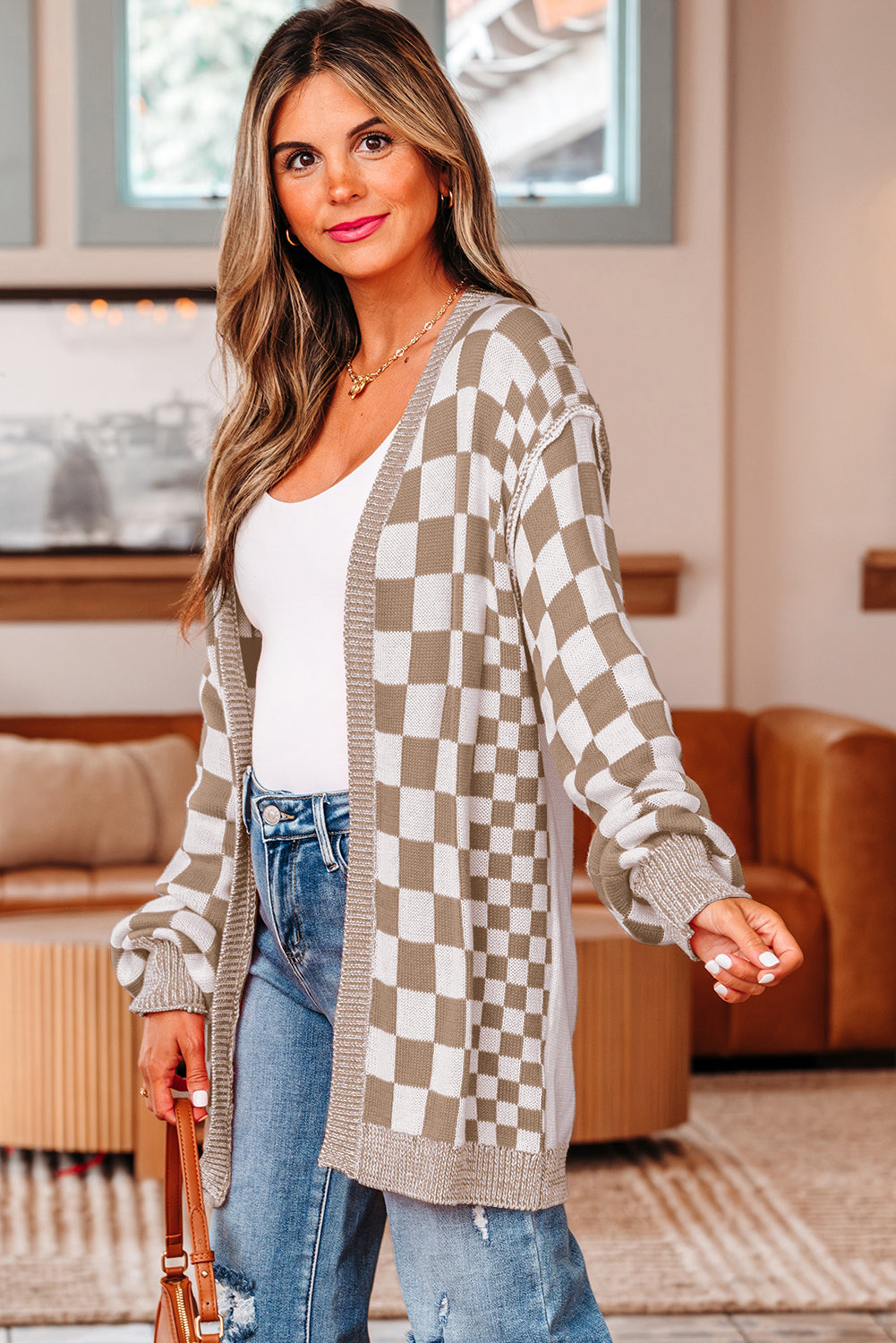 Brown Checkered Open Front Drop Shoulder Cardigan - Cozy Layer