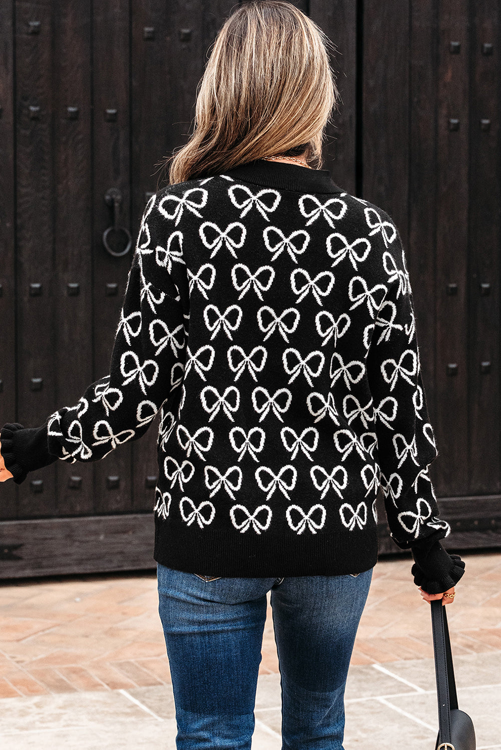 Black Cute Bow Pattern Drop Shoulder Zipped Collar Sweater - Sweet Edge