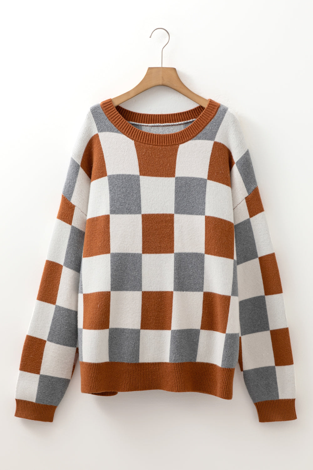 Brown Plus Size Checkered Crewneck Sweater - Comfortable Style