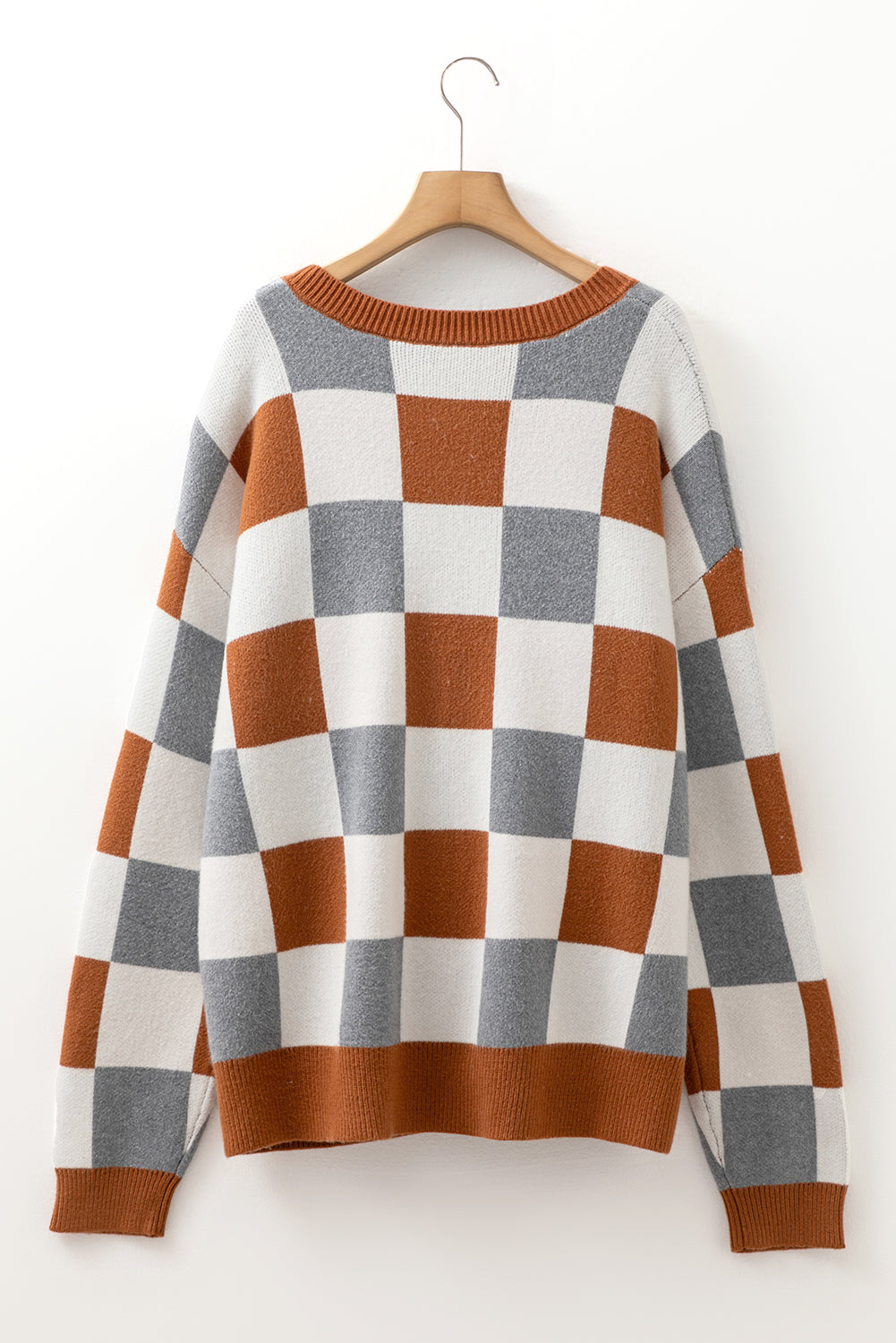 Brown Plus Size Checkered Crewneck Sweater - Comfortable Style