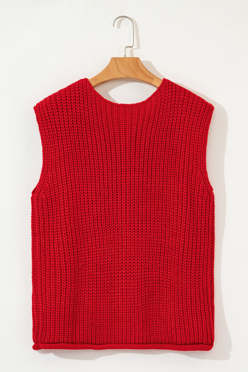 Fiery Red Solid Textured Knit Side Pockets Buttoned Sweater Vest - Bold Statement