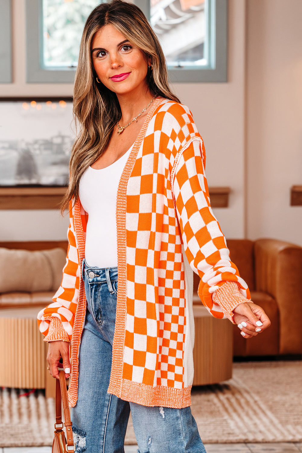 Orange Checkered Open Front Drop Shoulder Cardigan - Vibrant Fall Layer