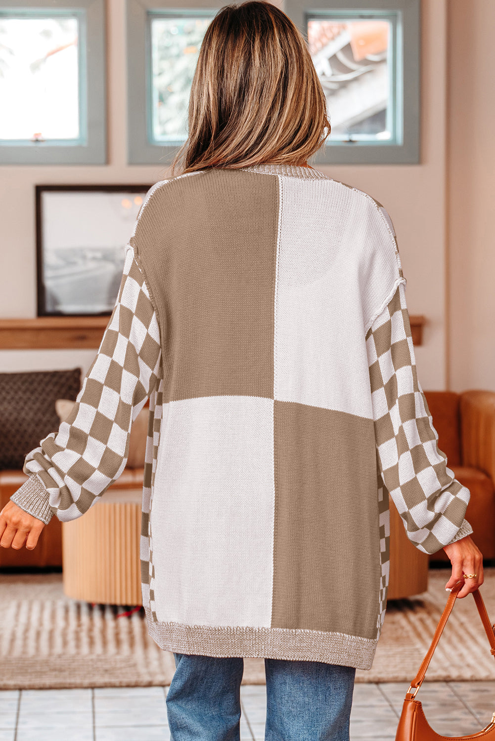Brown Checkered Open Front Drop Shoulder Cardigan - Cozy Layer