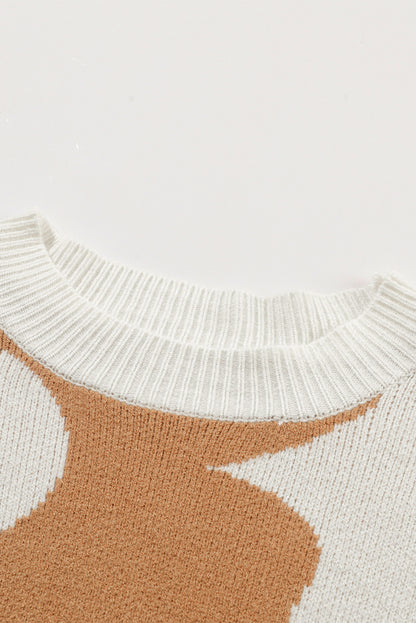 Khaki Big Flower Pattern Drop Shoulder Sweater - Romantic Floral Design