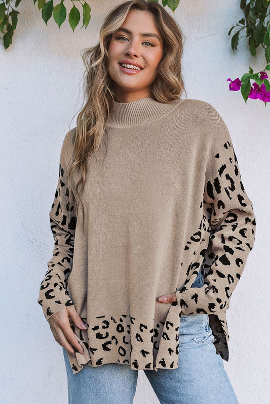 Khaki Leopard Print High Neck Oversized Sweater - Trendy Side Slits