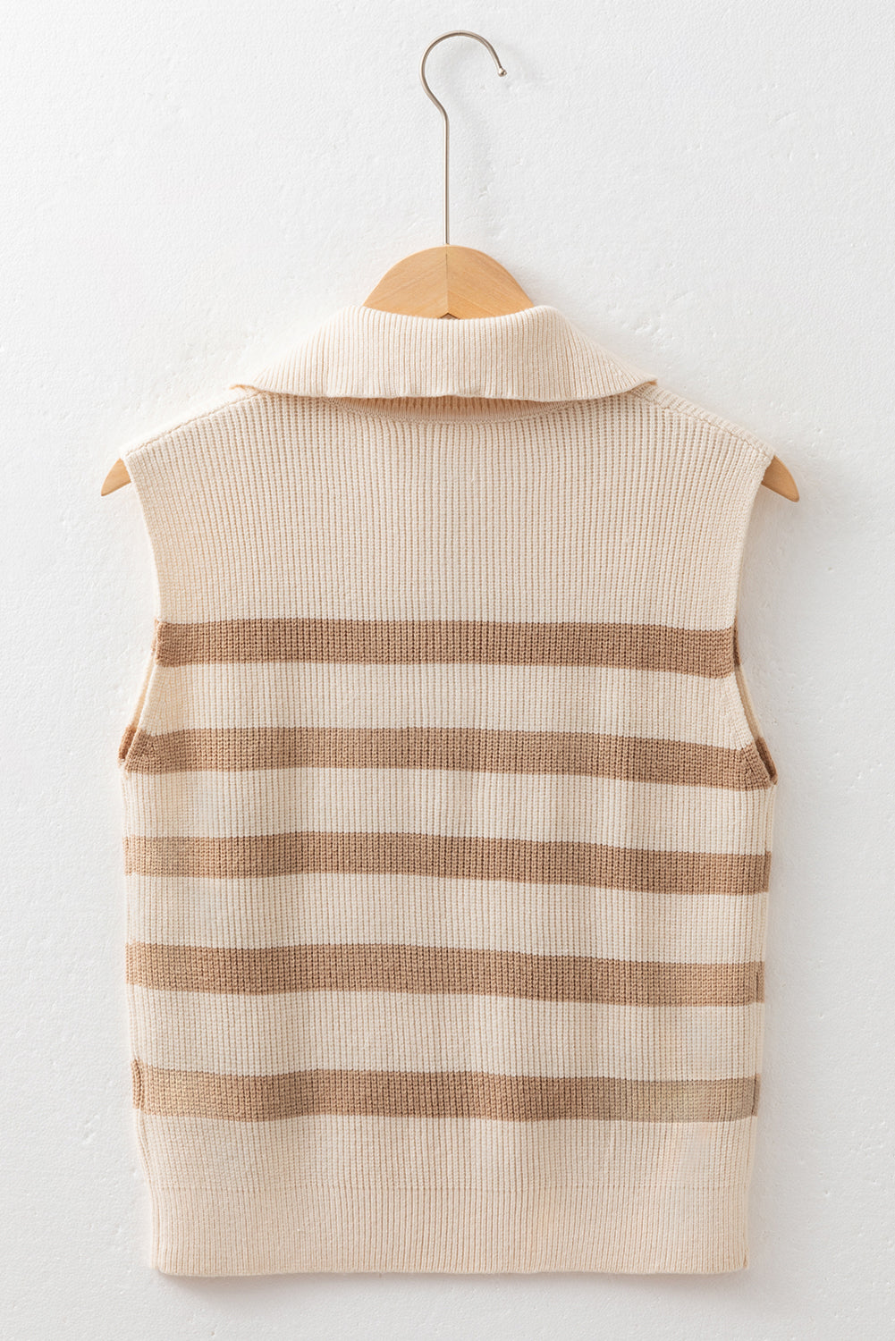 Khaki Stripe Ribbed Half Zip Collared Sweater Vest - Preppy Style