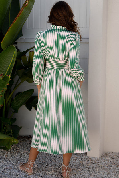Green Stripe V Neck Zip Front Cinched High Waist Midi Dress
