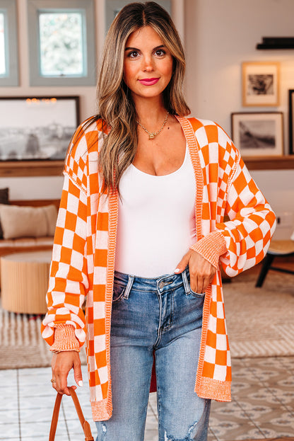 Orange Checkered Open Front Drop Shoulder Cardigan - Vibrant Fall Layer