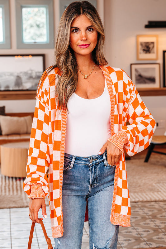 Orange Checkered Open Front Drop Shoulder Cardigan - Vibrant Fall Layer